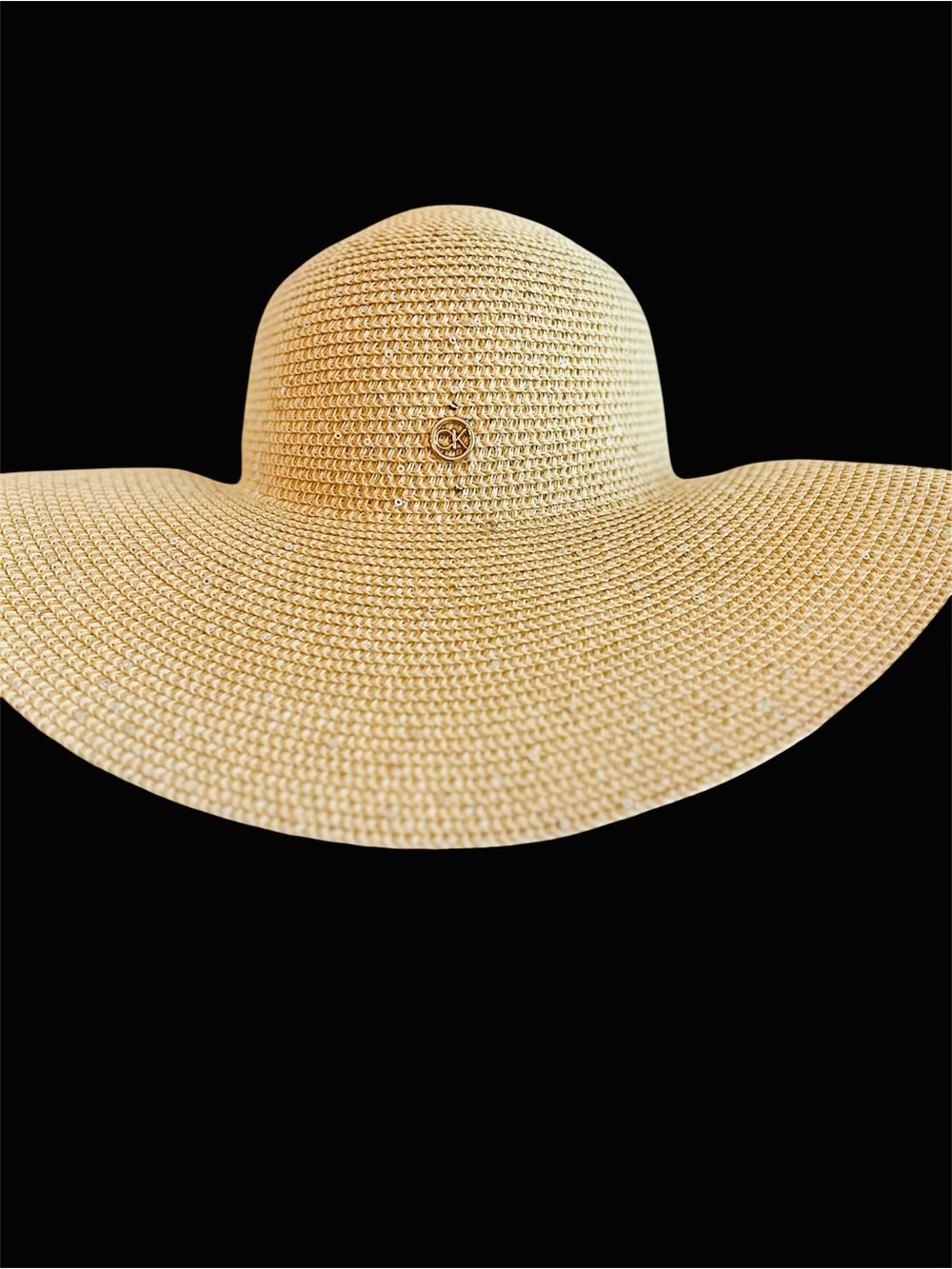 Calvin Klein Wide-Brim Woven Straw Beach Sun Hat Beige Cream Tan Light Sparkles - Picture 10 of 10